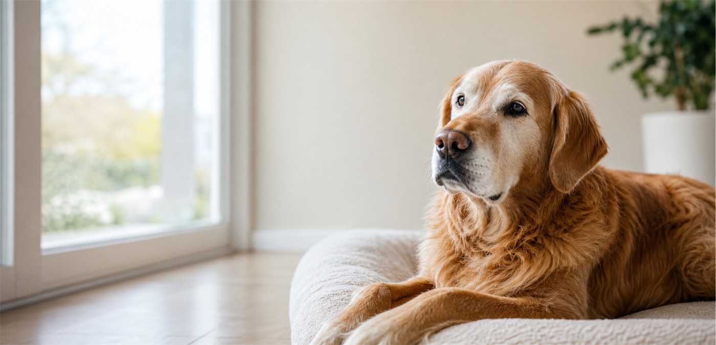 An older dog resting calmly in soft natural light.