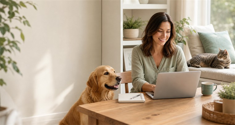 A pet parent using a laptop at home with a calm dog and cat nearby.