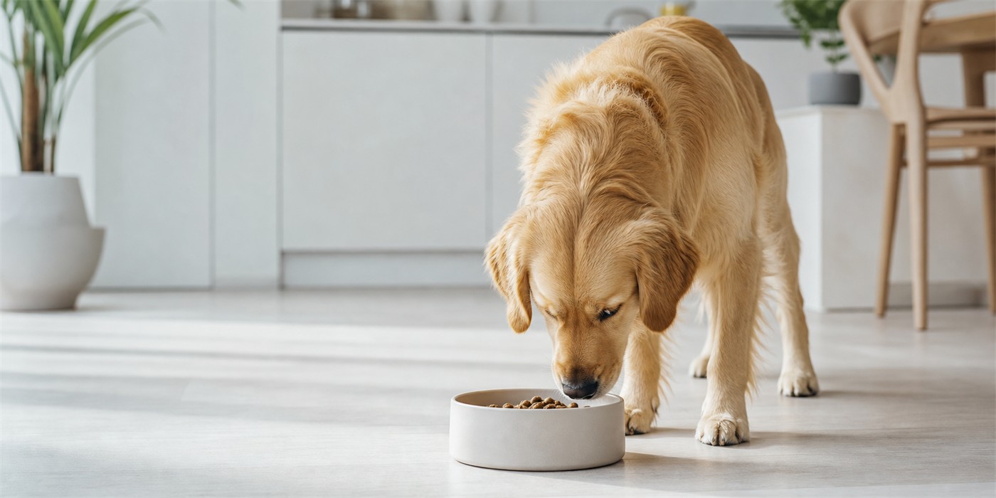 A dog calmly eating from a simple food bowl in a bright modern home.